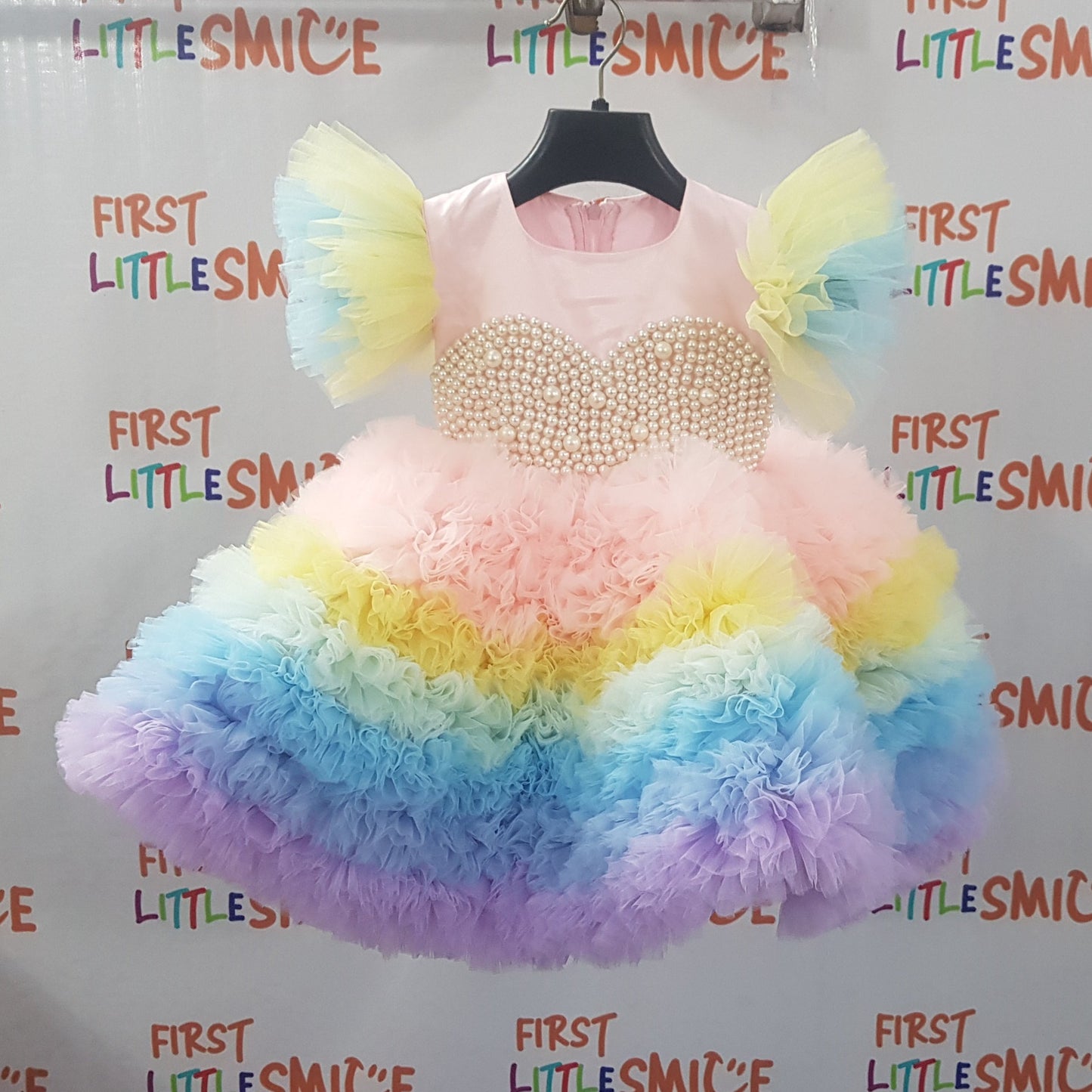 Multicolour Beaded Chest Puff Shoulder Birthday Party Dress