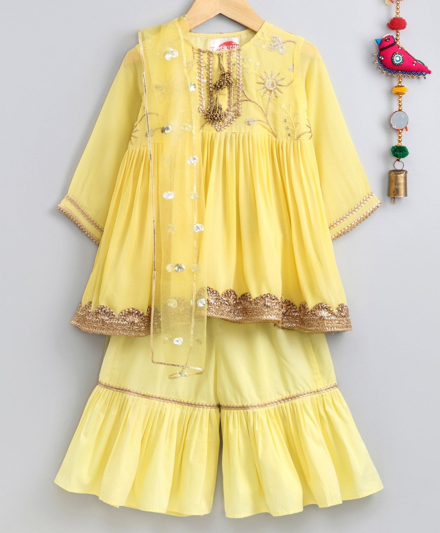 Three Fourth Sleeves Gotta Patti Work Kurta & Sharara With Dupatta