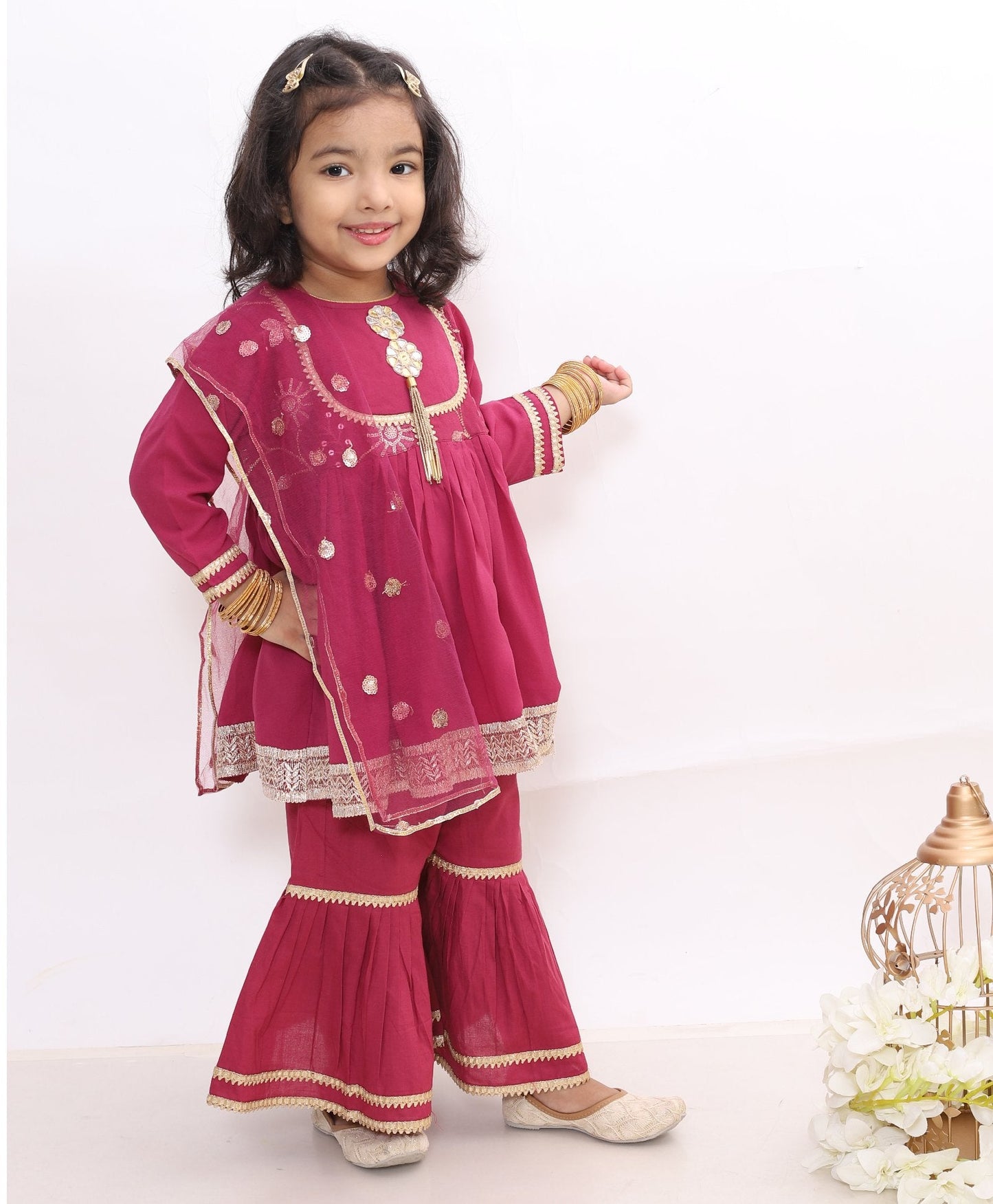 Gota Work Full Sleeves Kurti With Sharara & Dupatta