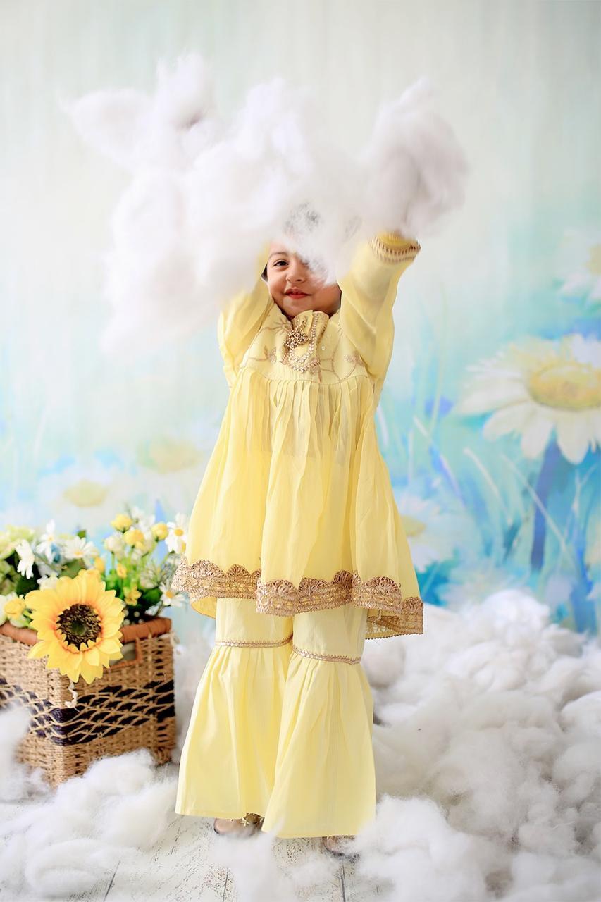 Three Fourth Sleeves Gotta Patti Work Kurta & Sharara With Dupatta