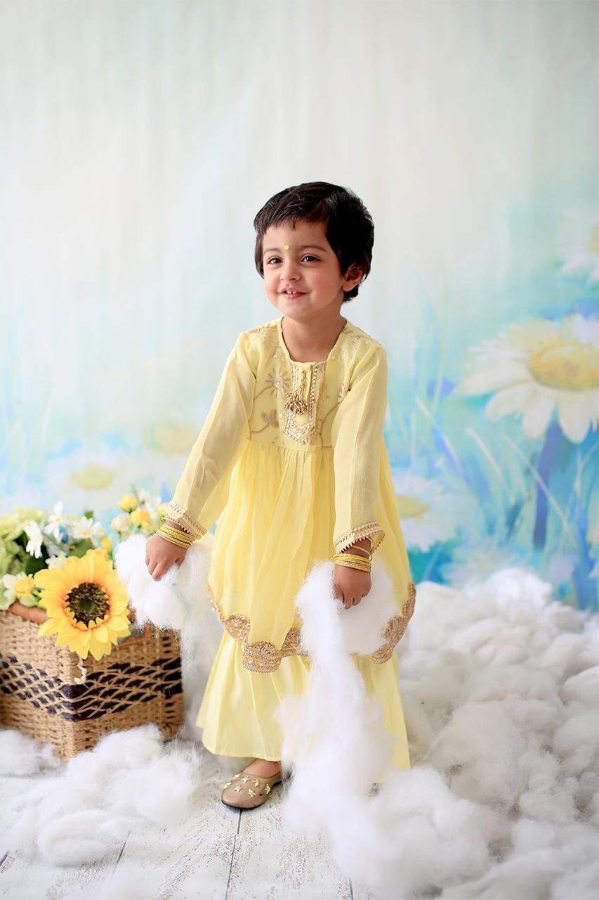 Three Fourth Sleeves Gotta Patti Work Kurta & Sharara With Dupatta