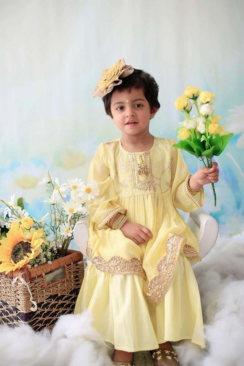 Three Fourth Sleeves Gotta Patti Work Kurta & Sharara With Dupatta