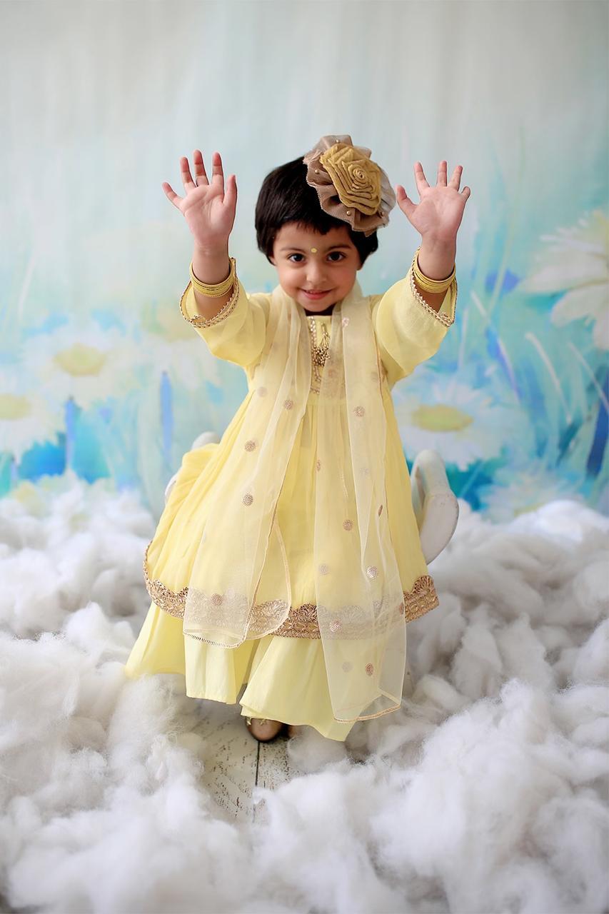 Three Fourth Sleeves Gotta Patti Work Kurta & Sharara With Dupatta