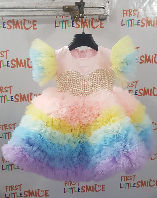 Multicolour Beaded Chest Puff Shoulder Birthday Party Dress