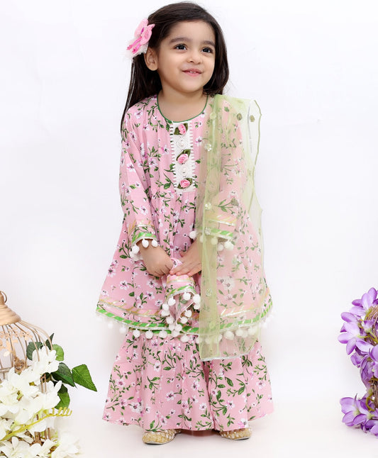 Full Sleeves Flower Print Kurti With Sharara & Dupatta