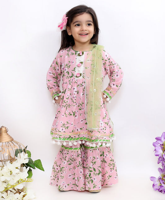 Full Sleeves Flower Print Kurti With Sharara & Dupatta