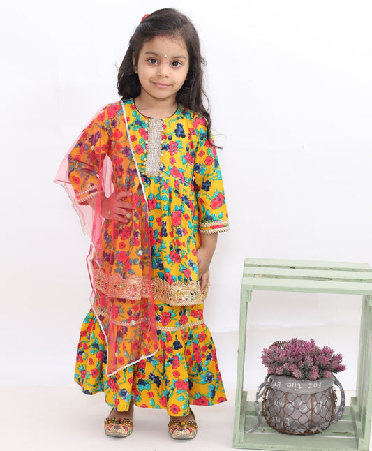 Full Sleeves Floral Print Kurti With Sharara Pants & Dupatta