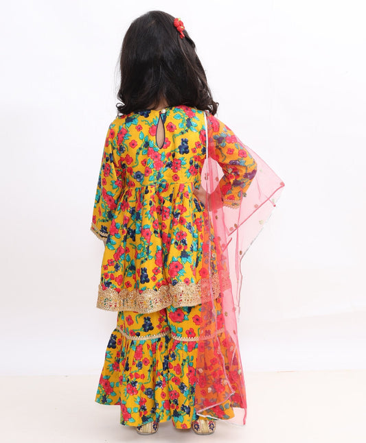 Full Sleeves Floral Print Kurti With Sharara Pants & Dupatta