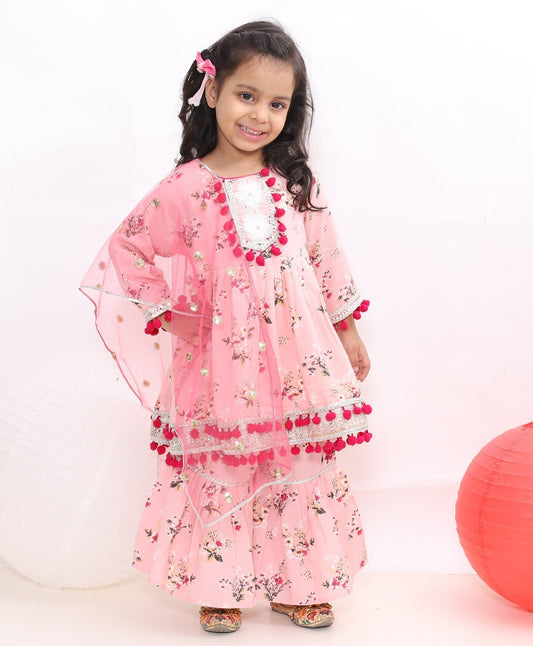 Full Sleeves Flared Floral Print Kurti With Sharara & Dupatt