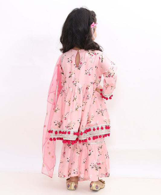 Full Sleeves Flared Floral Print Kurti With Sharara & Dupatt