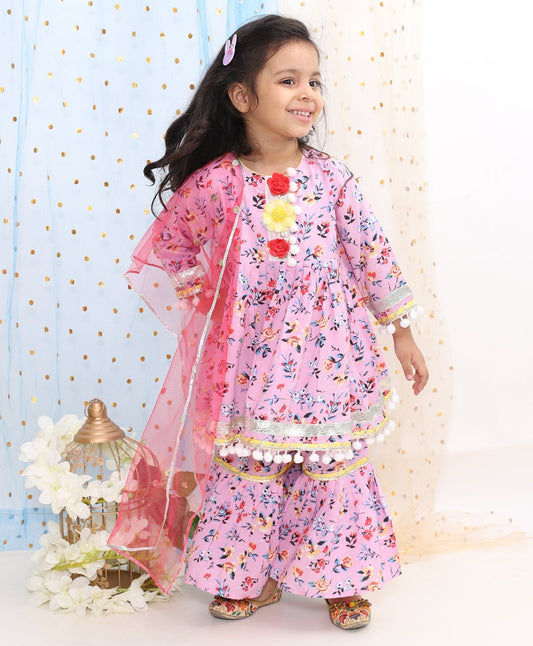 Full Sleeves Flower Print Kurti With Sharara & Dupatta