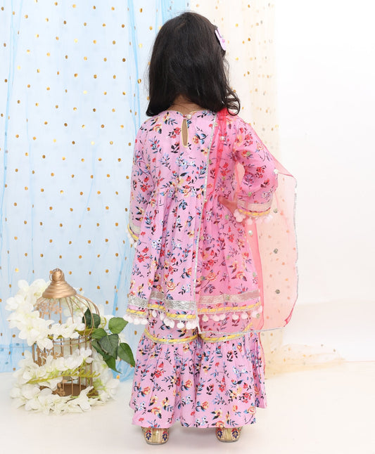 Full Sleeves Flower Print Kurti With Sharara & Dupatta