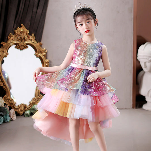 Multicolour Multi-frill Fluffy Mermaid Princess Birthday Party Dress With Tail