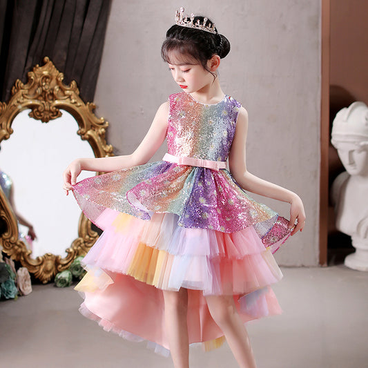 Multicolour Multi-frill Fluffy Mermaid Princess Birthday Party Dress With Tail