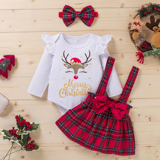 Long Sleeve Christmas Top And Bottom Set With Headband