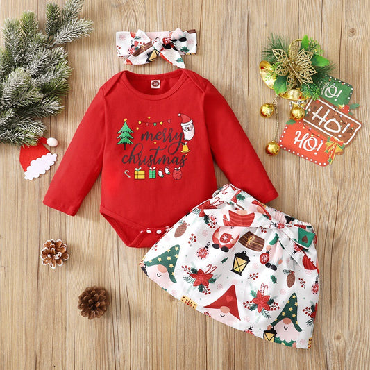 Long Sleeve Christmas Top And Bottom Set With Headband