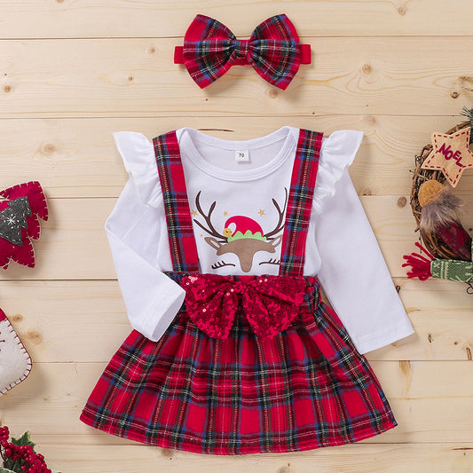 Long Sleeve Christmas Top And Bottom Set With Headband